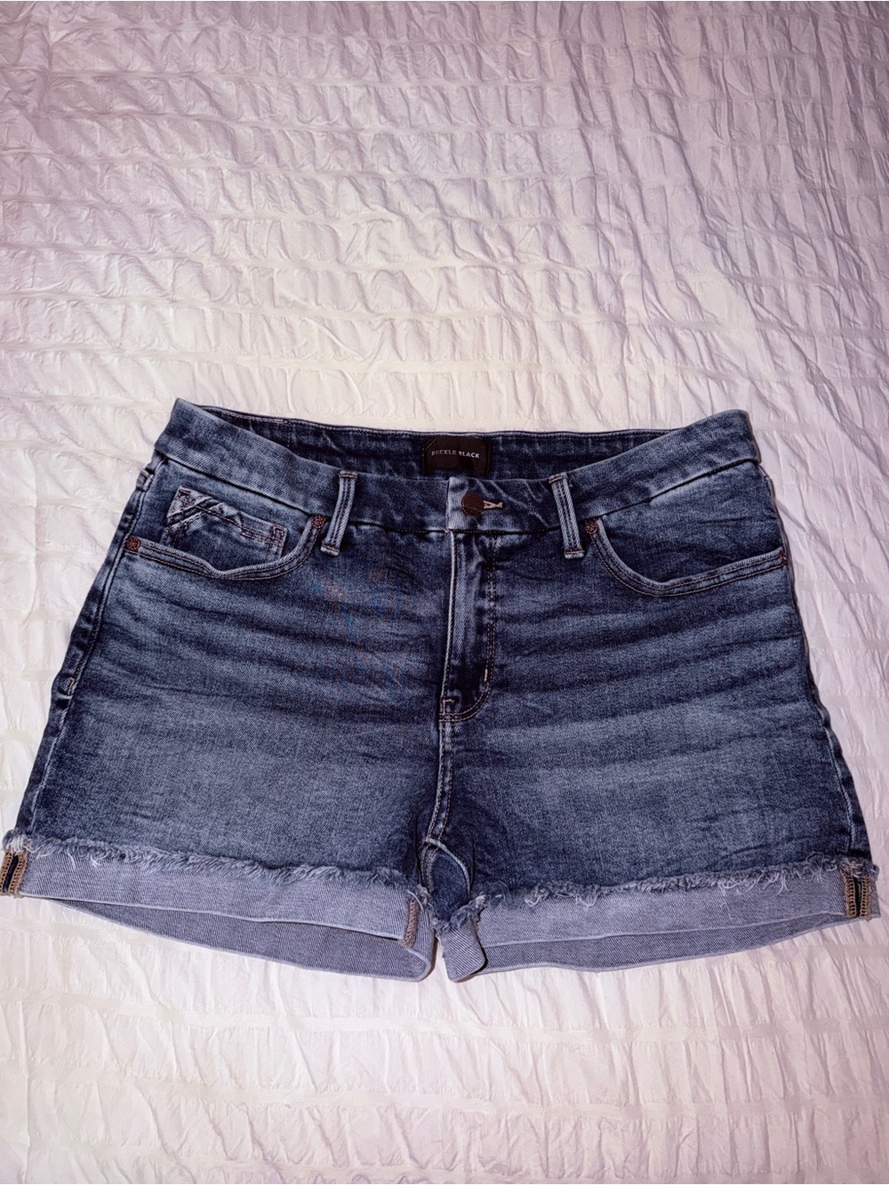 Buckle Medium Wash Distressed Roll-Hem Jean Shorts